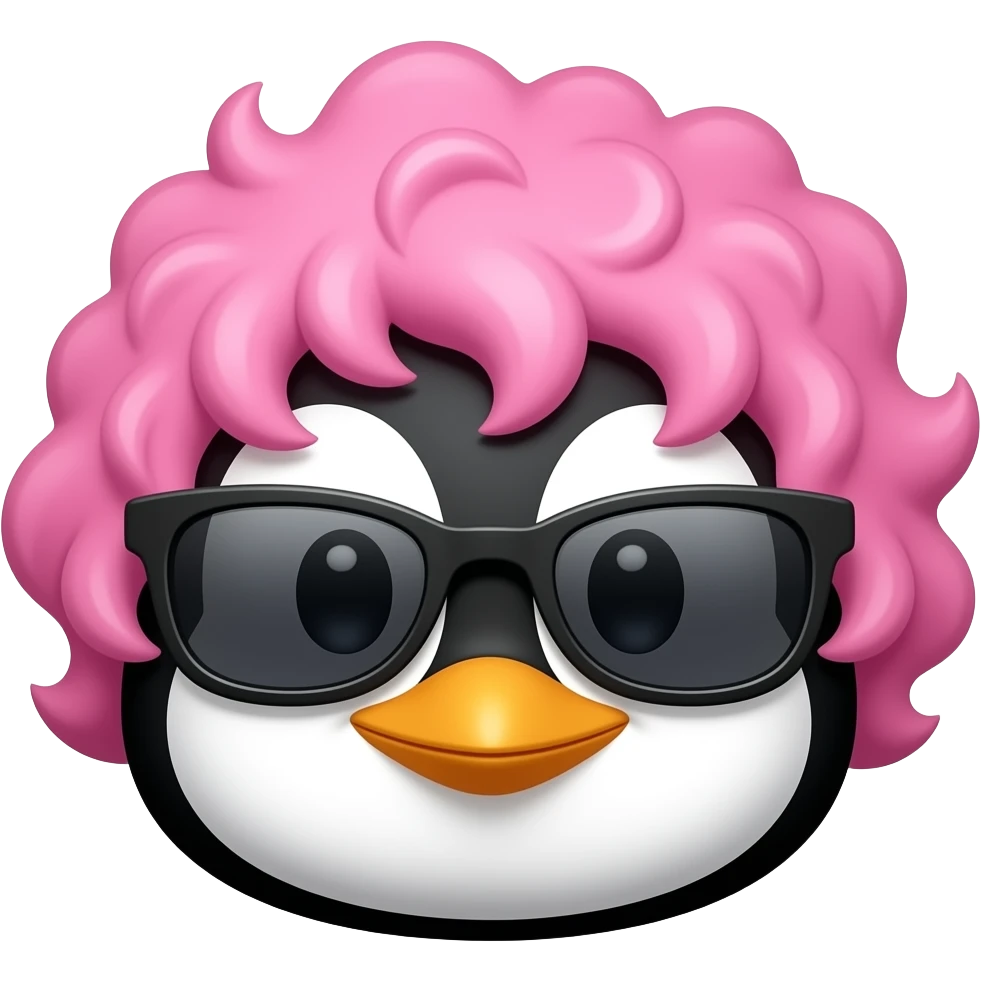 pink curly haired black penguin with sunglassess, just face emoji