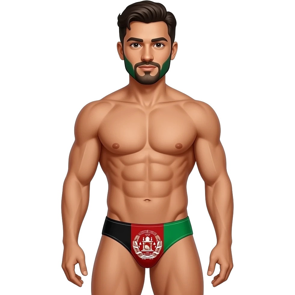 upper body (thighs-up) male figure with afghani face, hair, and body standing with muscular build in thin, narrow thong with afghanistan flag theme emoji
