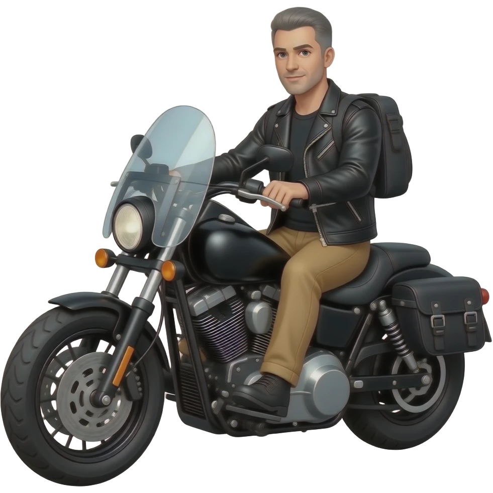 Black and gray short hair clean shaven man with no beard in black leather jacket and black shirt and tan pants riding on a harley with a windshield and saddlebags emoji