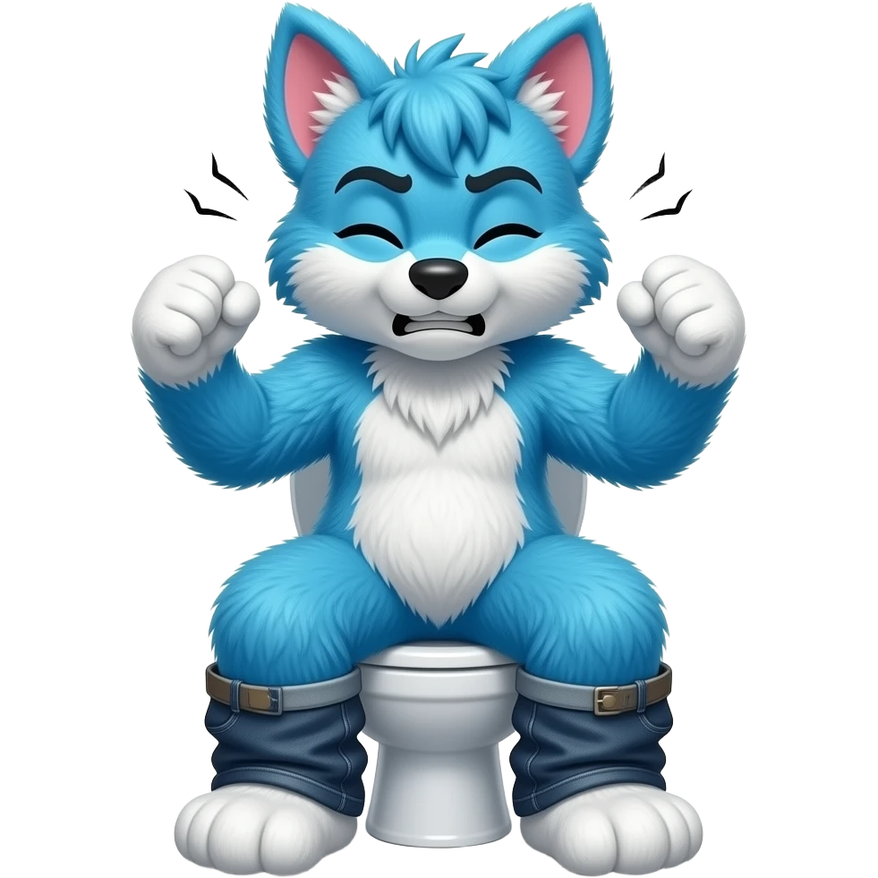 blue furry fursuit sitting on toilet, butt view, pants down, straining face, eyes closed, pushing, squeezing,  both fists, straining emoji