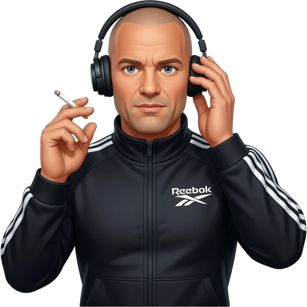 Ддейсон стетхем в спортивном черном костюме reebok прикуривает сигарету и поправляет наушник в ухе emoji