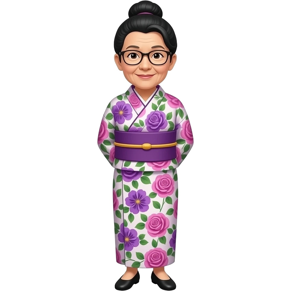 stern elderly asian woman, with black hair in a bun, wearing glasses and a rose pink, purple and green floral japanese dress and black flat shoes, with her hands behind her back emoji