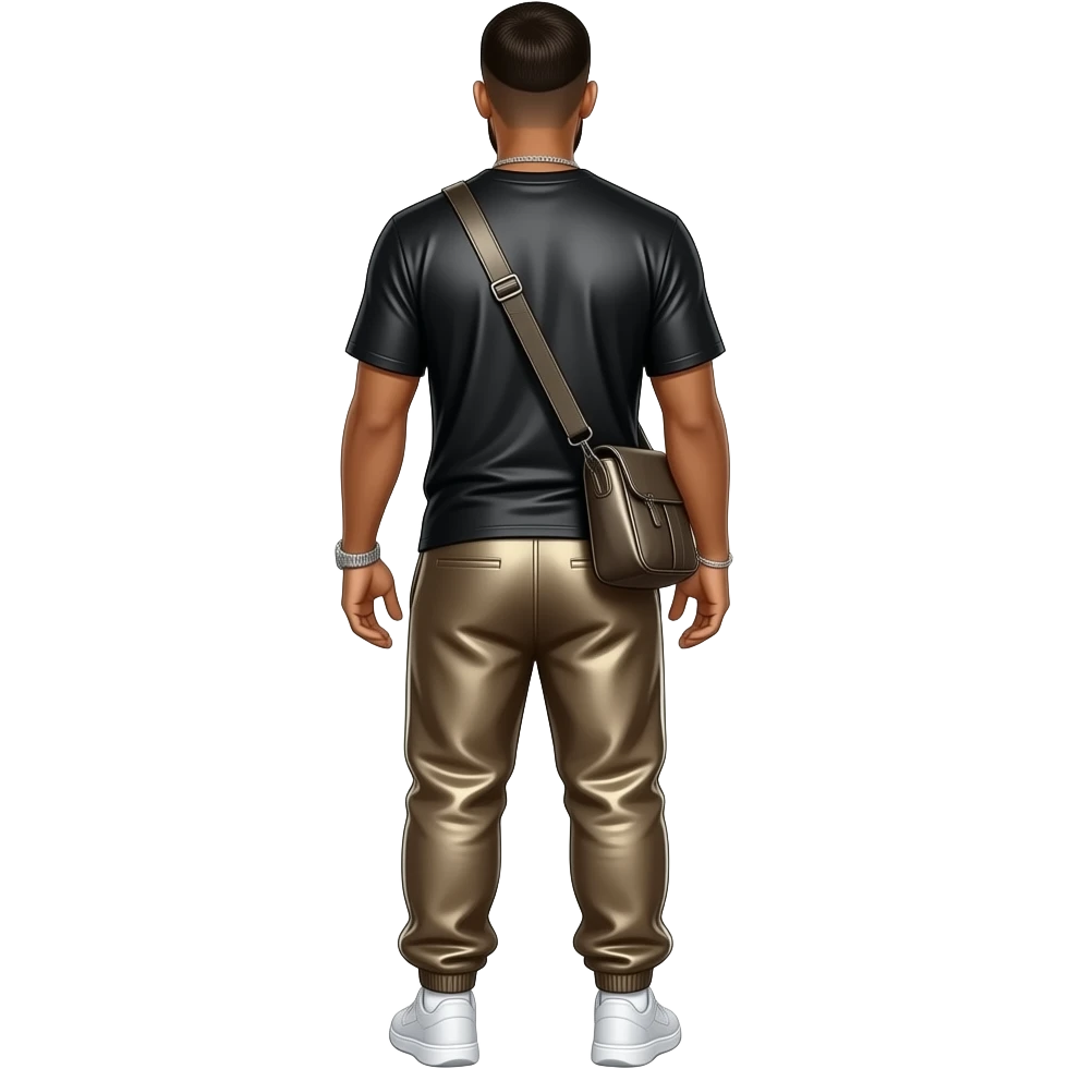 Drake from behind with black metallic t-shirt, dark beige metallic baggy joggers with white undies emoji