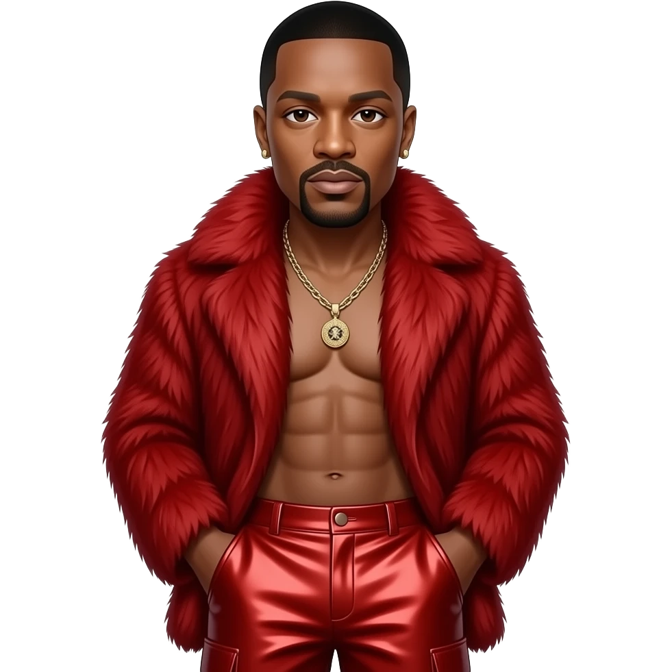 P. Diddy with brown eyes, black buzz cut hair, crimson fur shawl, crimson metallic baggy pants, shirtless with necklace and earrings emoji