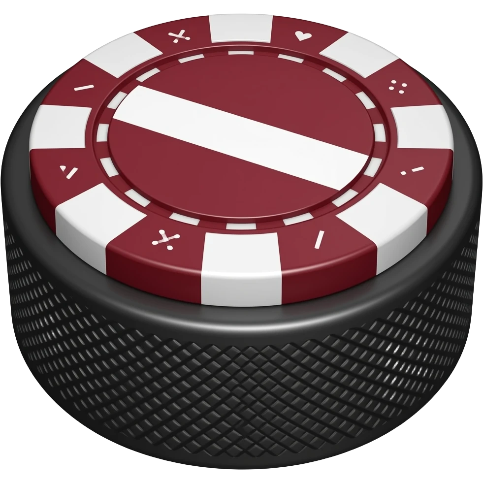 Poker chip on top of hockey puck from 45 degree angle. Latvian flag color themed. emoji