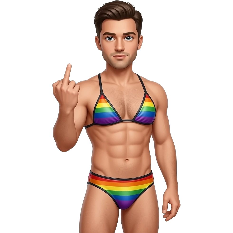 Gay dude in leather bikini rainbow fingering his other hand emoji