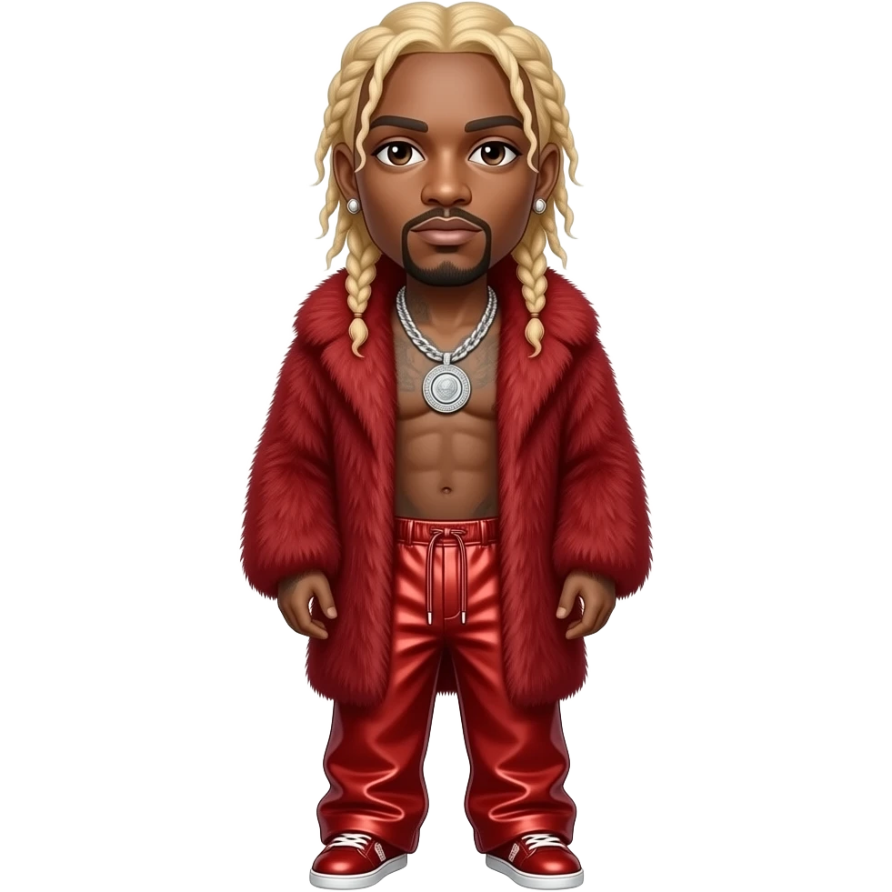 Lil Wayne with dark brown eyes, long blonde hair, red fur shawl, red metallic baggy pants, shirtless with necklace and earrings emoji