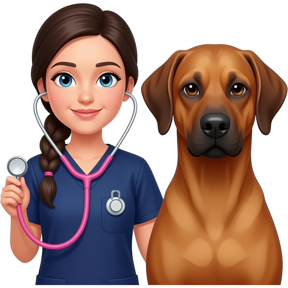 Vet nurse dark hair in 1 plait blue eyes pink stethoscope navy scrubs with a Rhodesian ridgeback emoji