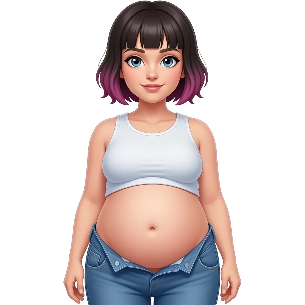 A girl with a semi pixie emo hairstyle,wears a crop top and a unbuttoned pants,stocky robust build,she always looks constantly well fed & pregnant like,her tummy is big & round,heavy in the belly,she is stuffed silly,her bellybutton is deep hollow innie like a tiny void. emoji