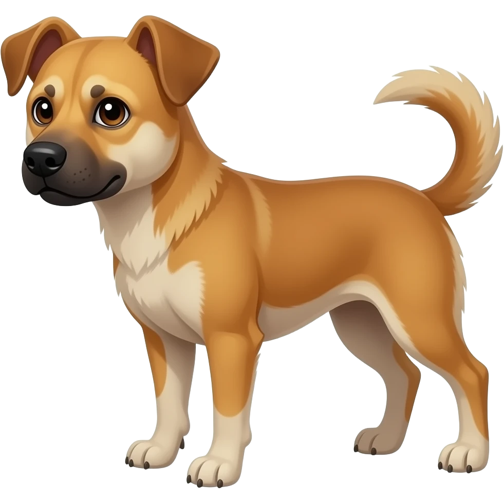 small fur black nose yellow mongrel dog adult size long legs, agresive, emoji