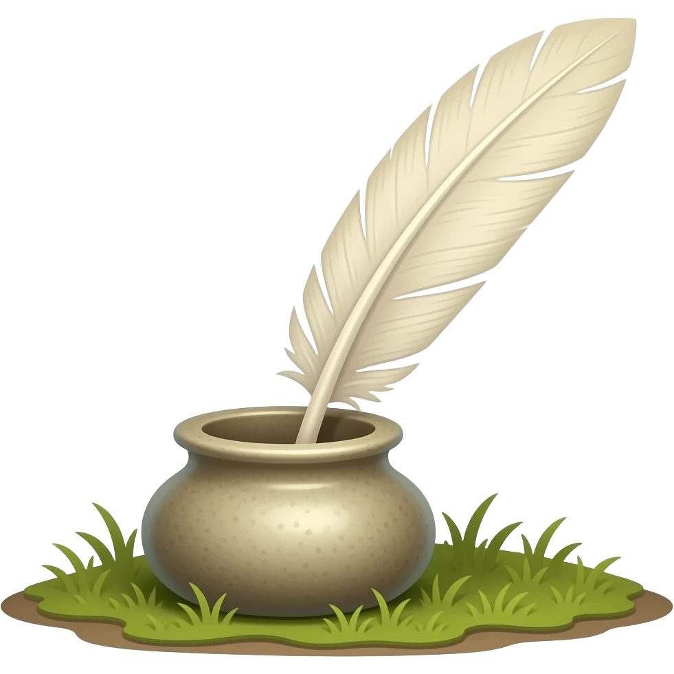 a handcrafted ceramic inkwell paired with a quill feather. Resting on the ground beside the pot is a large, ivory-colored quill feather emoji