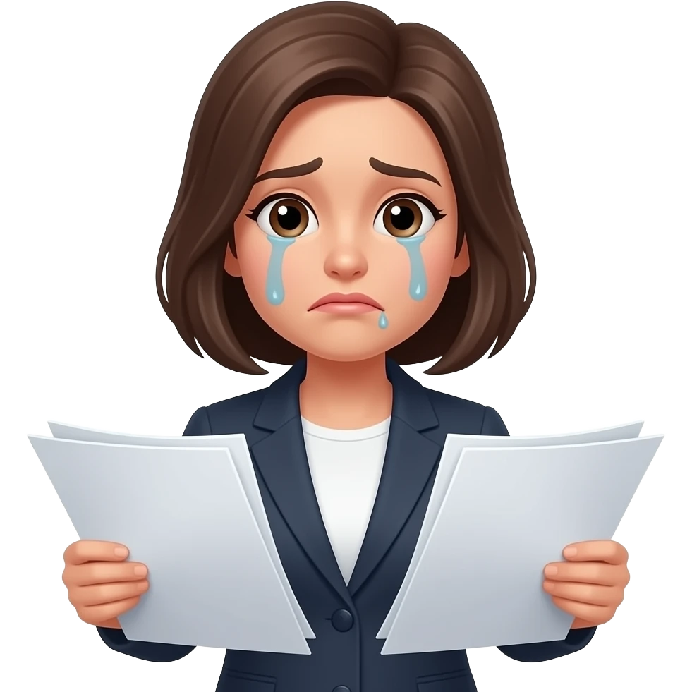 Woman with papers and sad emoji
