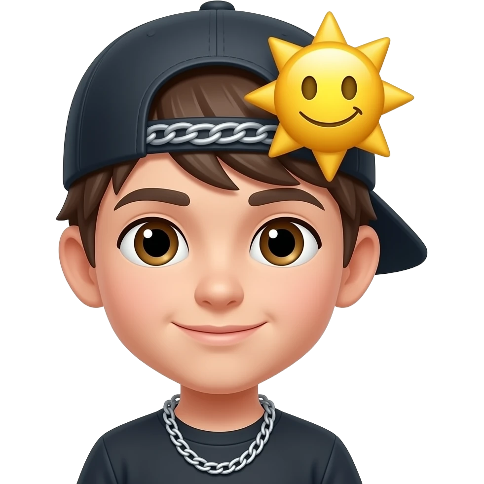 Un niño con gorra de costado con cadena  estilo emoji sol la cabeza emoji