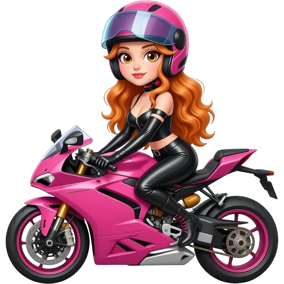 sexy girl with overlong wavy ginger hair and ginger eyes is wearing black pink leather clothes and a motorcycle helmet with vision sits on a pink motorcylce emoji