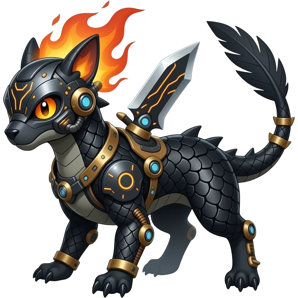 Cool edgy fiery bipedal scaly cybernetic visor-helmeted, Circuitry-patterned black-scaled digitigrade futuristic fantasy-Cyberpunk-Steampunk-Solarpunk-Genesect-Cyclizar-Salazzle-Protogen-Fakémon-animal-hybrid, feathery, tail blade, back spikes emoji