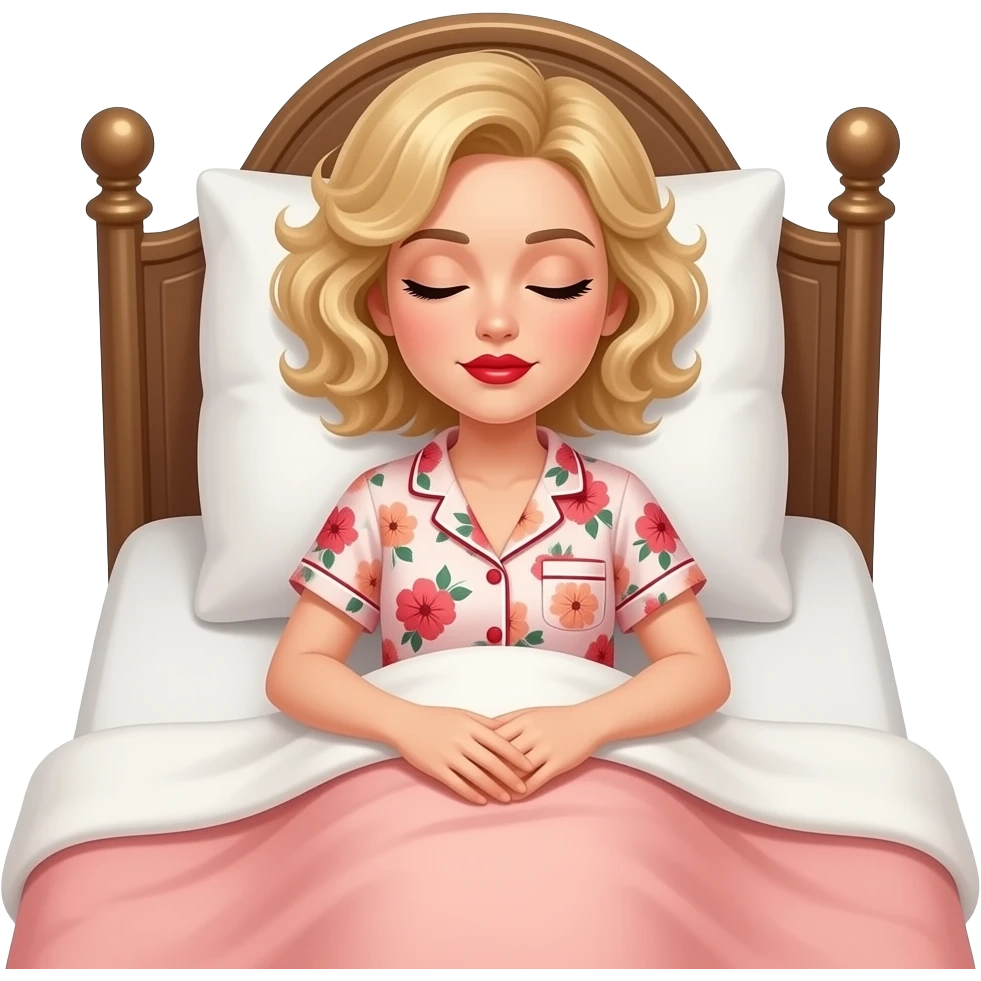 Short curly blond hair side swept red lipstick and peach and RED FLORAL SHORT SLEEVE PAJAMAS SET UNDER A PEACH DUVET SLEEPING, BLACK EYEBROWS ON A VITCTORIAN BED emoji
