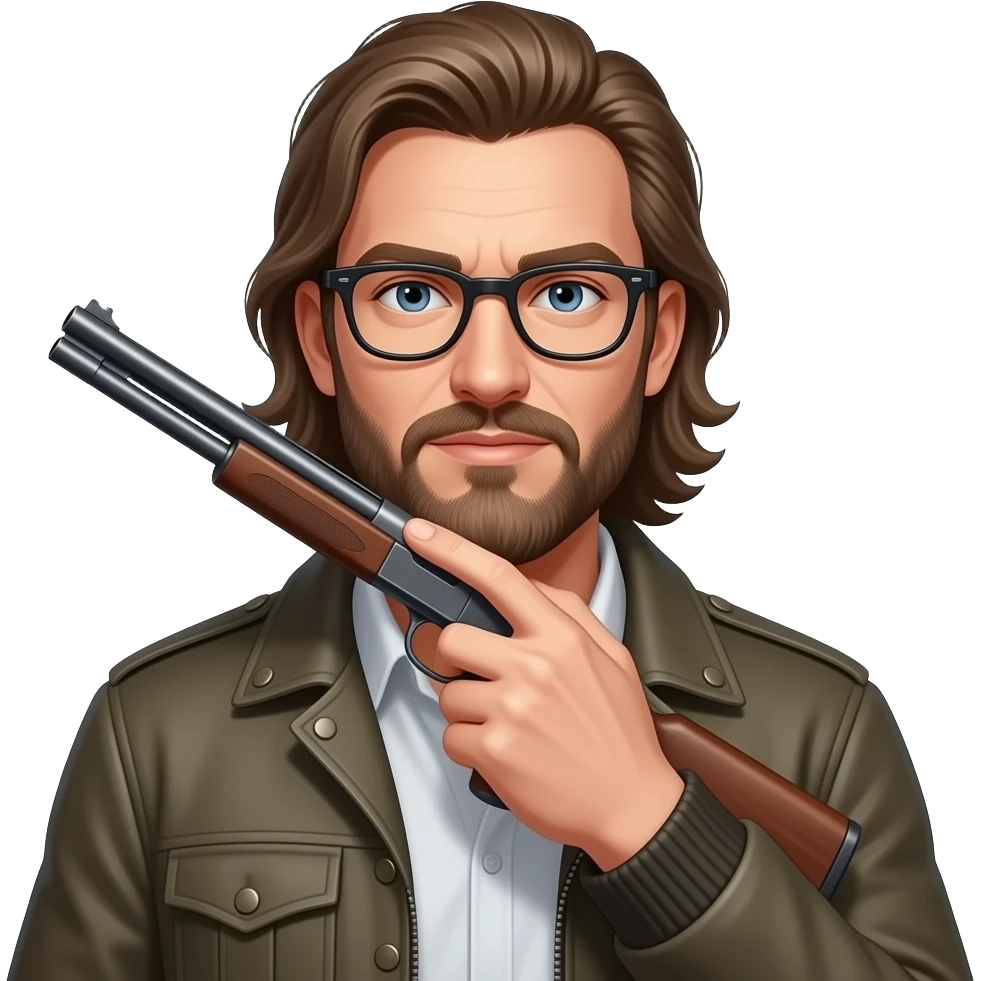 Man with a long beard and glasses with pair fair skin in his thirtes And he has long hair and he’s wearing a jacket and is holding a shotgun to his chin emoji