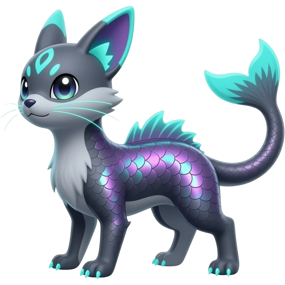 Realistic iridescent-scaled slim smooth shiny glossy elegant bioluminescent dull, furry oil-dark greyish, purplish, neon-cyan-accented, back-finned, abyss-fantasy-Zorua-Vaporeon-Umbreon-Sprigatito-Absol-Lykoi-Civet-Fakémon-fusion, with thin neon-glowing bulb-whiskers, koi-piebald-flecked full body emoji