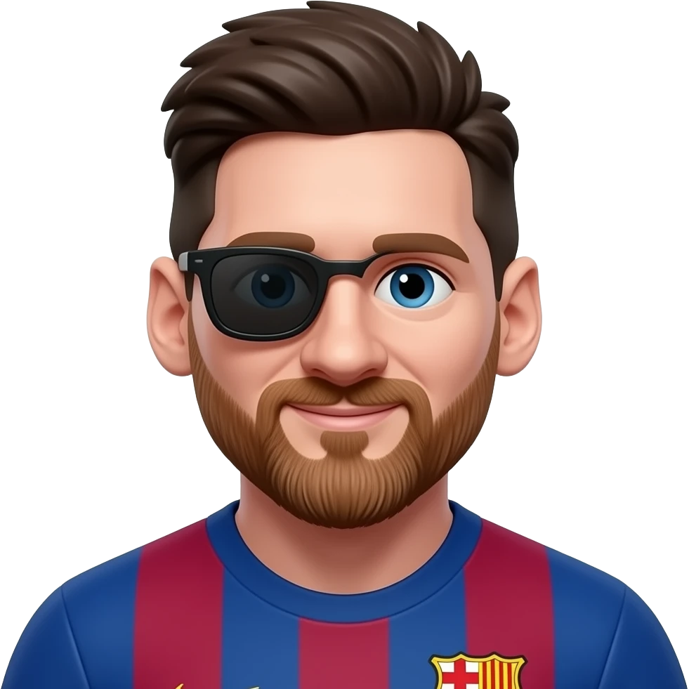 Messi-inspired 3D emoji, same face every time, 1 small black sunglasses near shoulder. emoji