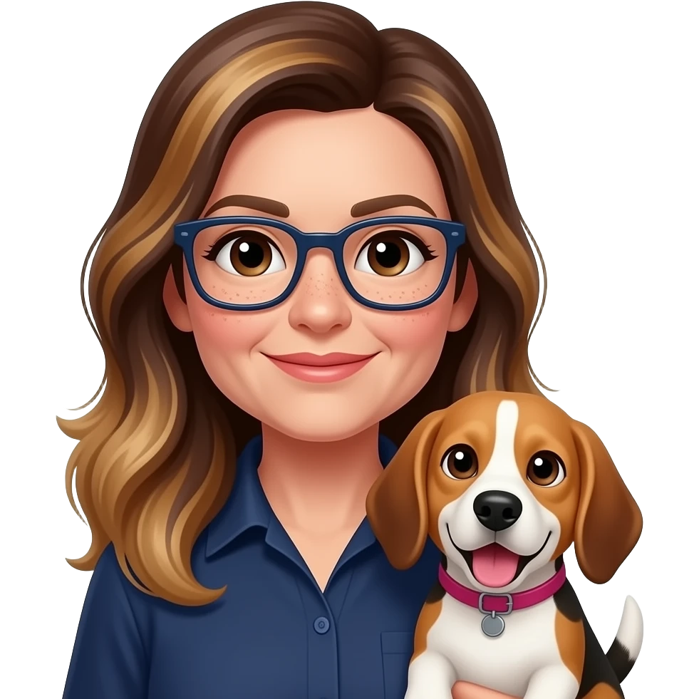 50-year-old woman with very dark brown eyes,  long brown balayage hair, parted on the left side, with pale skin and freckles, with dark navy rectangular glasses, holding a beagle that looks happy. She is wearing a navy shirt. The beagle has a pink collar. emoji