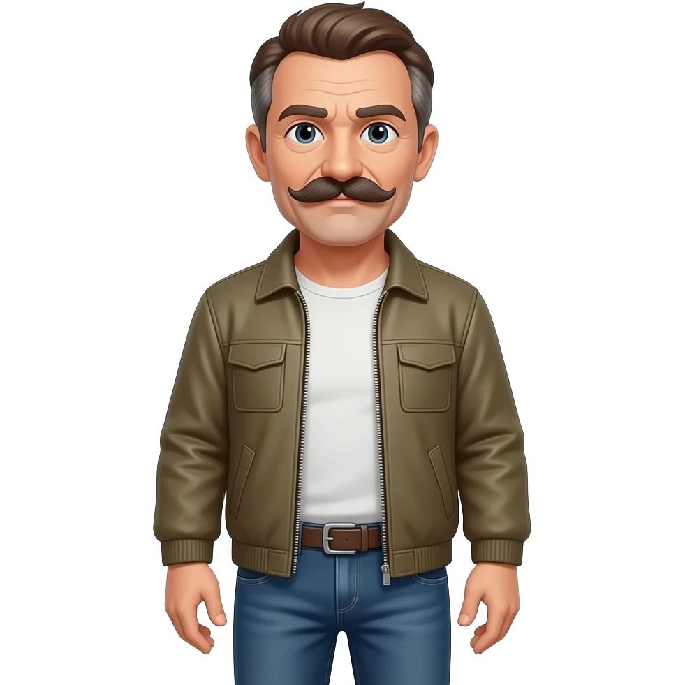 Hombre de 78 con bigote grande y mas oscuro con muchas entradas y pelo moreno con algo de abdomen pantalón vaquero largo cazadora emoji