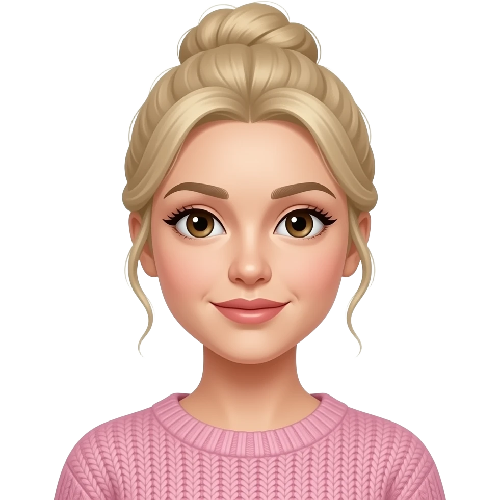 Blonde woman with dark brown eyes wearing hair up in a messy bun wearing a pink sweater emoji