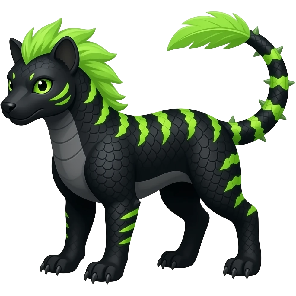 Cool edgy ancient black-scaled with neon-colored stripe markings digitigrade bipedal vintage futuristic raptorik fantasy-Cyberpunk-Steampunk-Solarpunk-Genesect-Salamence-Tyranitar-Vernid-Fionbri-Fakémon-animal-hybrid, with neon-green feather-mane, and a tail blade, back spikes, full body emoji