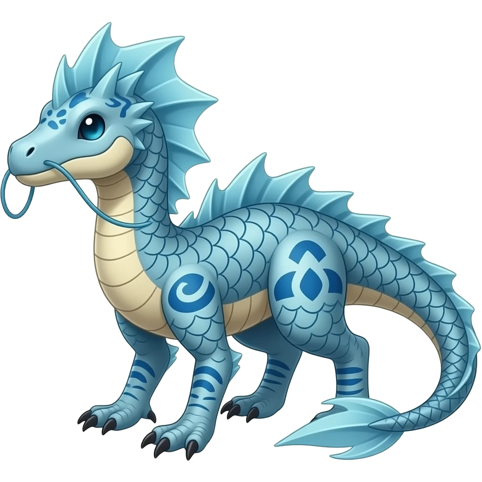 scaly shiny frilled raptorik finned patterned blue tribal-patterned digitigrade quadrupedal Vaporeon-Salandit-Glaceon-hybrid with long thin dragon whiskers emoji