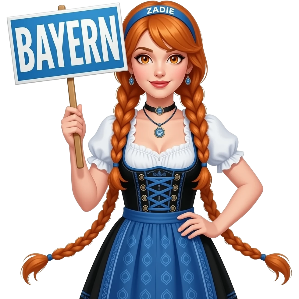 sexy girl with overlong ginger braids and ginger eyes wearing a black blue dirndl and a blue headband with ZADIE written on it, is holding a sign with BAYERN written on it emoji