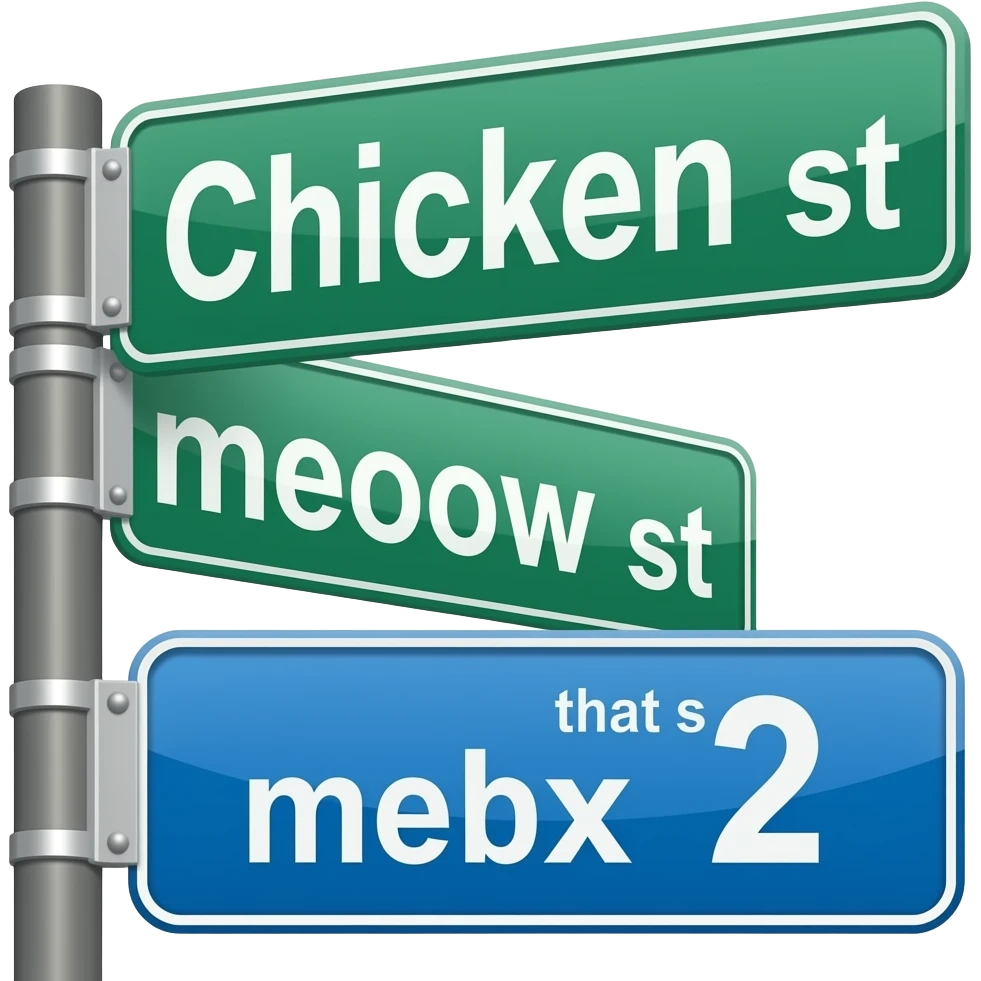 A street sign that says chicken st A street sign that says meow meow st A street sign that says 2 number emoji
