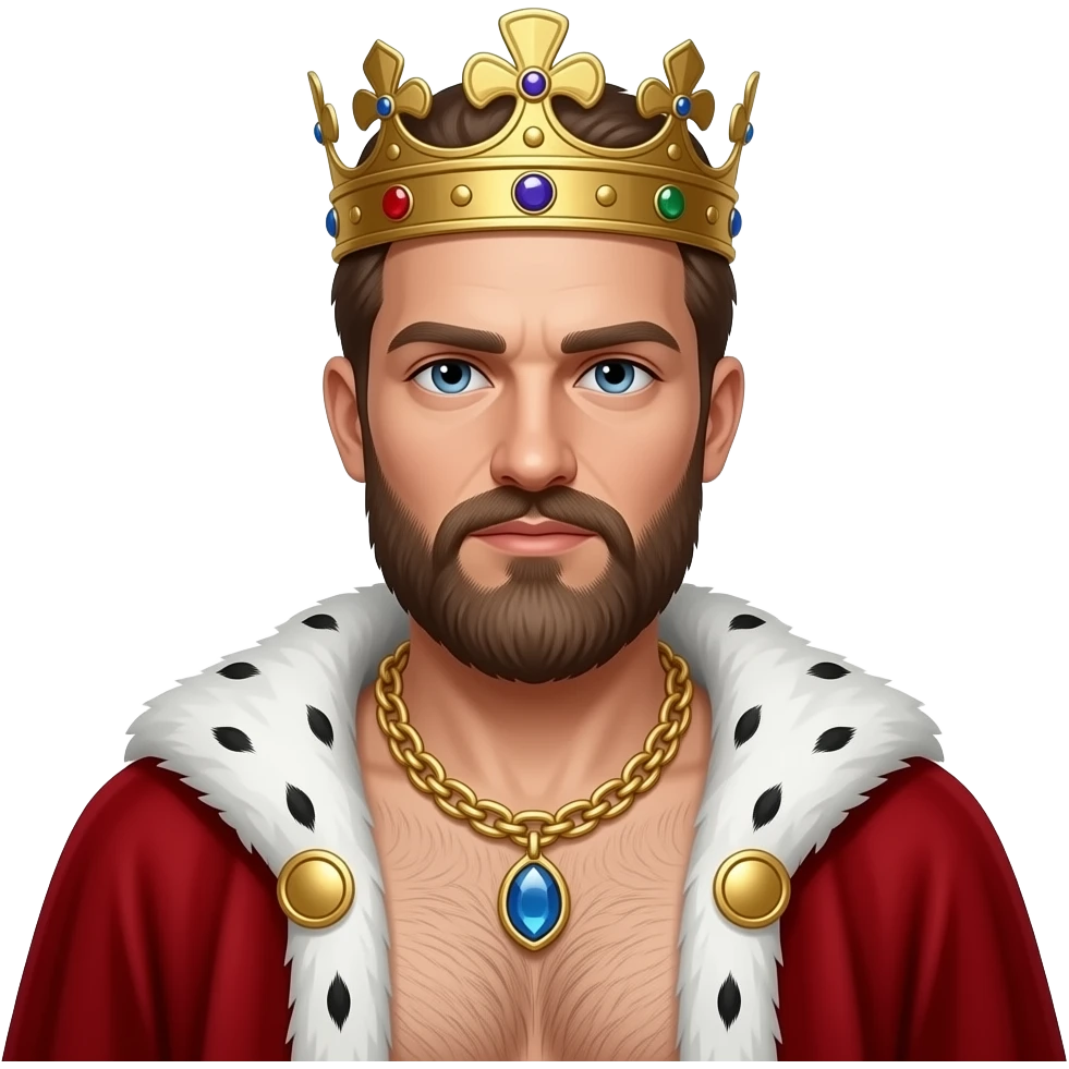 Erstelle ein Nahaufnahme von einem König mit Bart und Krone, er trägt eine Goldkette mit Edelsteinen um den Hals. Er hat kein Hemd an aber ein roten samt Umhang mit weißen Pelz um seine Schulter. Unter dem Umhang sieht man seine behaarte männliche Brust emoji