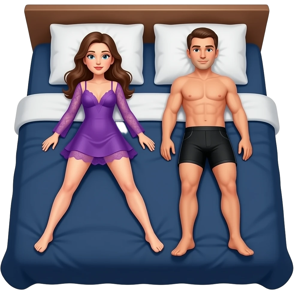woman, in lacy purple chemise, laying legs apart, on navy blue king size bed, with man laying beside her with black boxer shorts on emoji