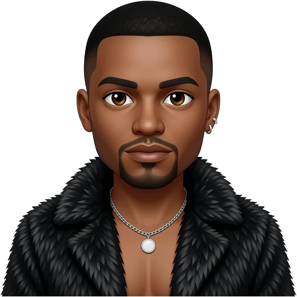 O'Shea "Ice Cube" Jackson with dark brown eyes, black buzz cut hair, black fur shawl, charcoal gray metallic baggy pants, shirtless with necklace and earrings emoji