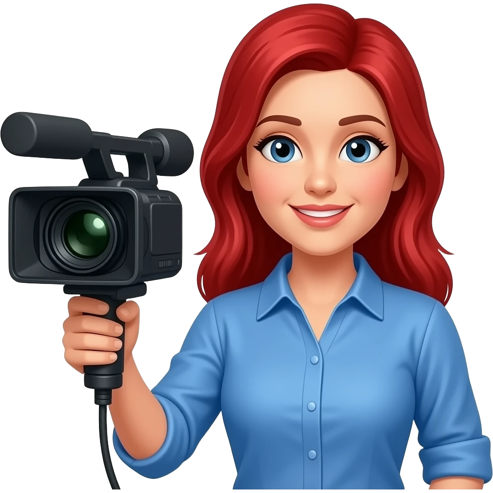 REPORTERA RUBIA DE TELEVISIÓN CON CAMARA DE TELEVISIÓN Y CAMISA AZUL emoji