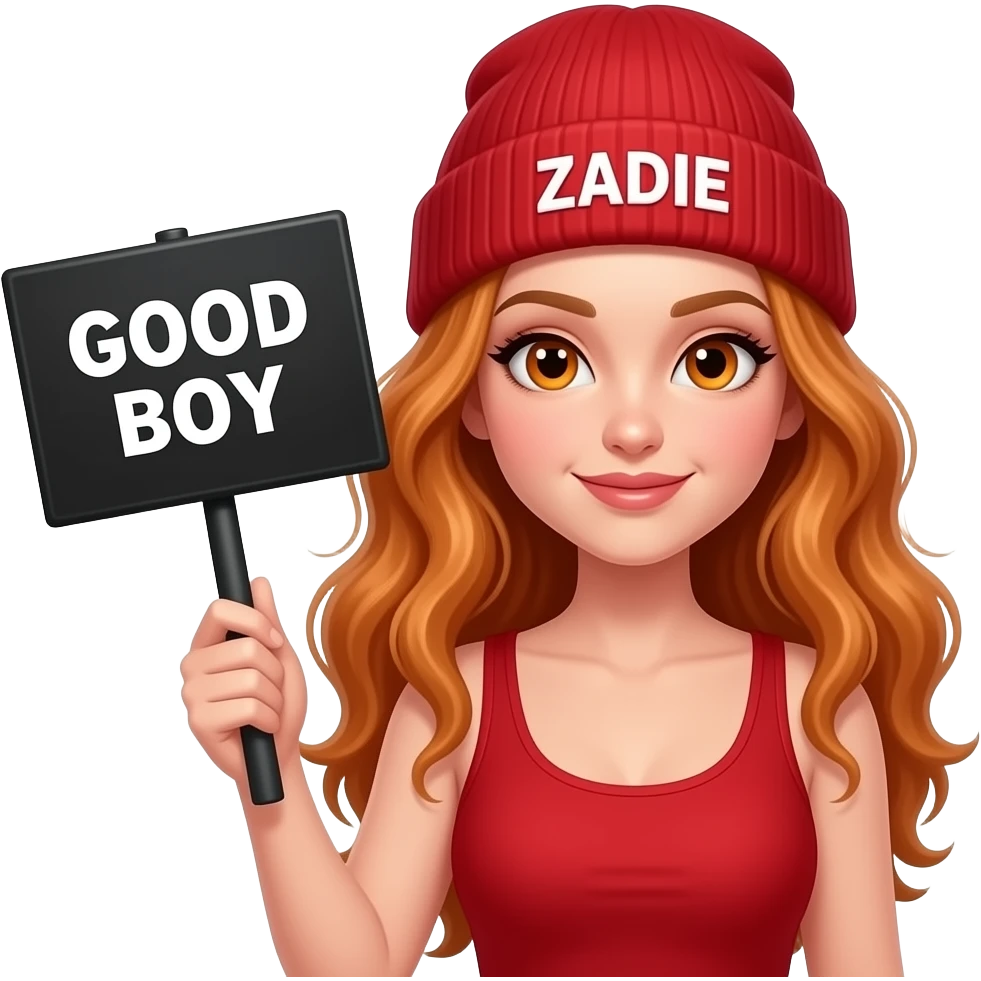 sexy girl with overlong wavy ginger hair and ginger eyes wearing a red tanktop and a red beanie with ZADIE written on it, is holding a black sign with GOOD BOY written on it emoji