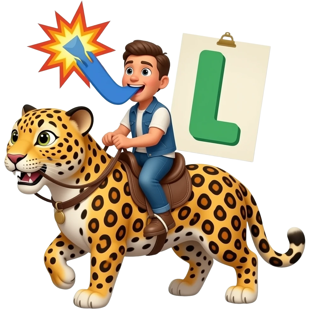 Storybots on leopards back swallows a letter L and blows up and turns into a letter l emoji