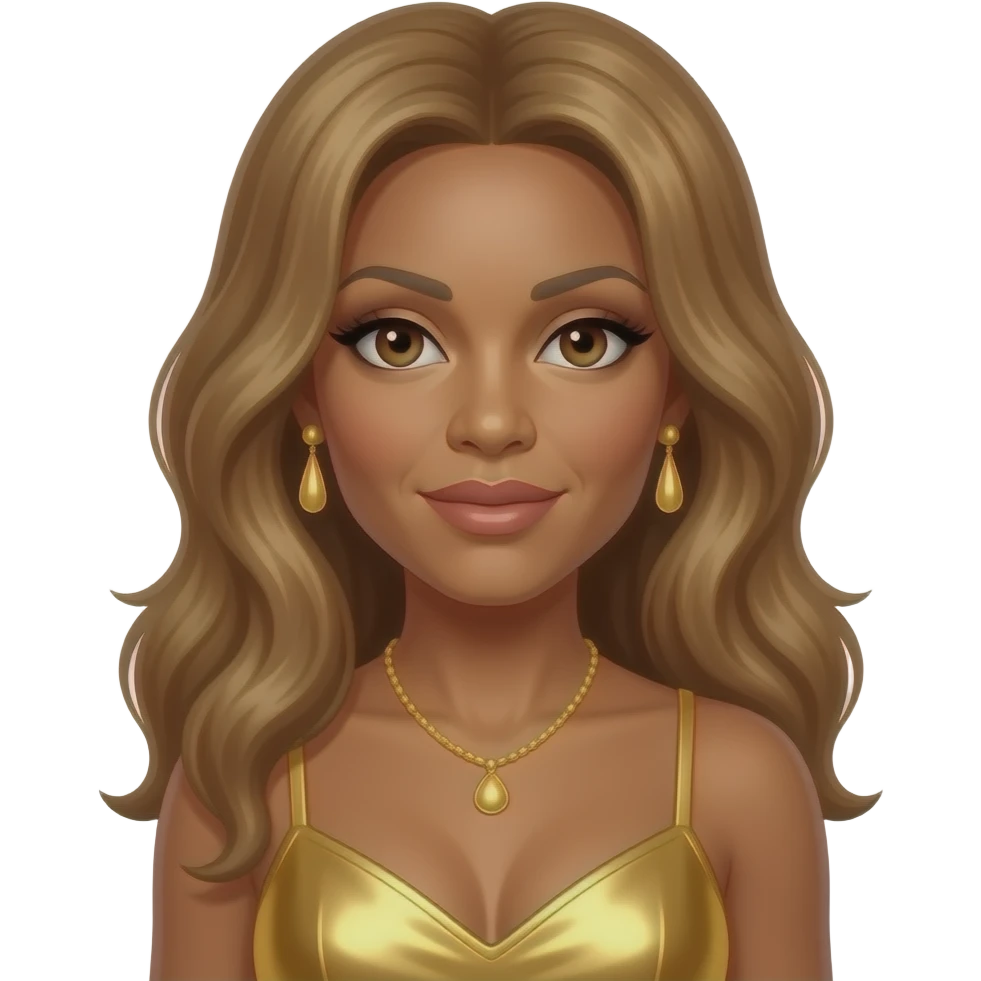 Tina Turner with brown eyes, long golden brown hair, gold metallic short dress, necklace and earrings emoji