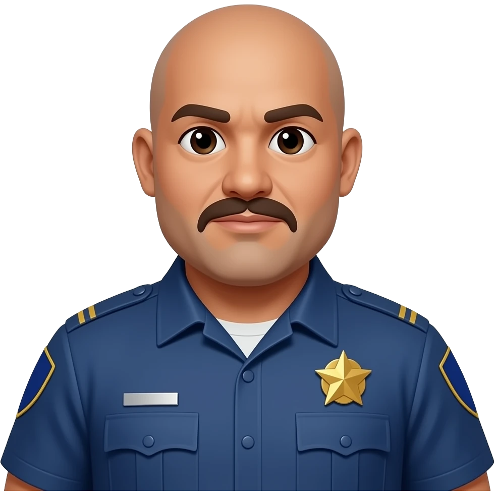 fat filipino male police officer blue uniform with star badge, bald, handle bar moustache, darker skin, fatter face emoji