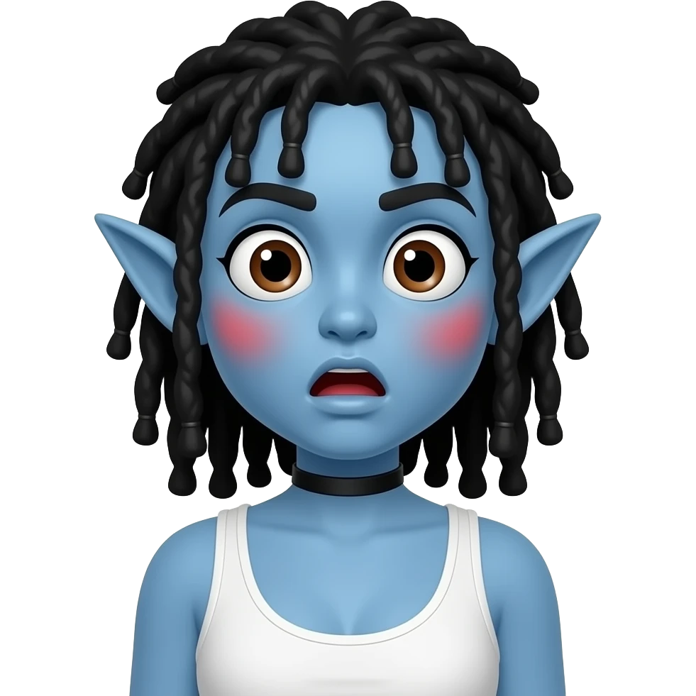 놀란 동공. 커다란 눈. 하얀 동공에 갈색렌즈. 살색의 뾰족하고 커다란 귀. 파란색 스킨. 붉은 홍조. 이마 주름은 없고 입은 O모양. 앞머리있는 검정 긴생머리.드레드헤어. 흰색 나시를 입고 큰 가슴. 목에는 검정색 얇은 띠의 초커. emoji