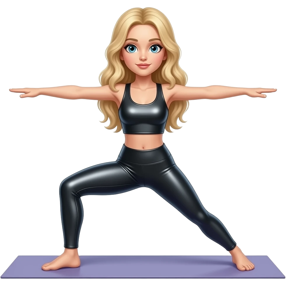 Blonde girl in shiny leather leggings doing yoga emoji