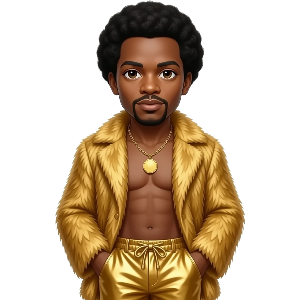 James Brown with brown eyes, black conk hair, gold fur shawl, gold metallic baggy pants, shirtless with necklace emoji