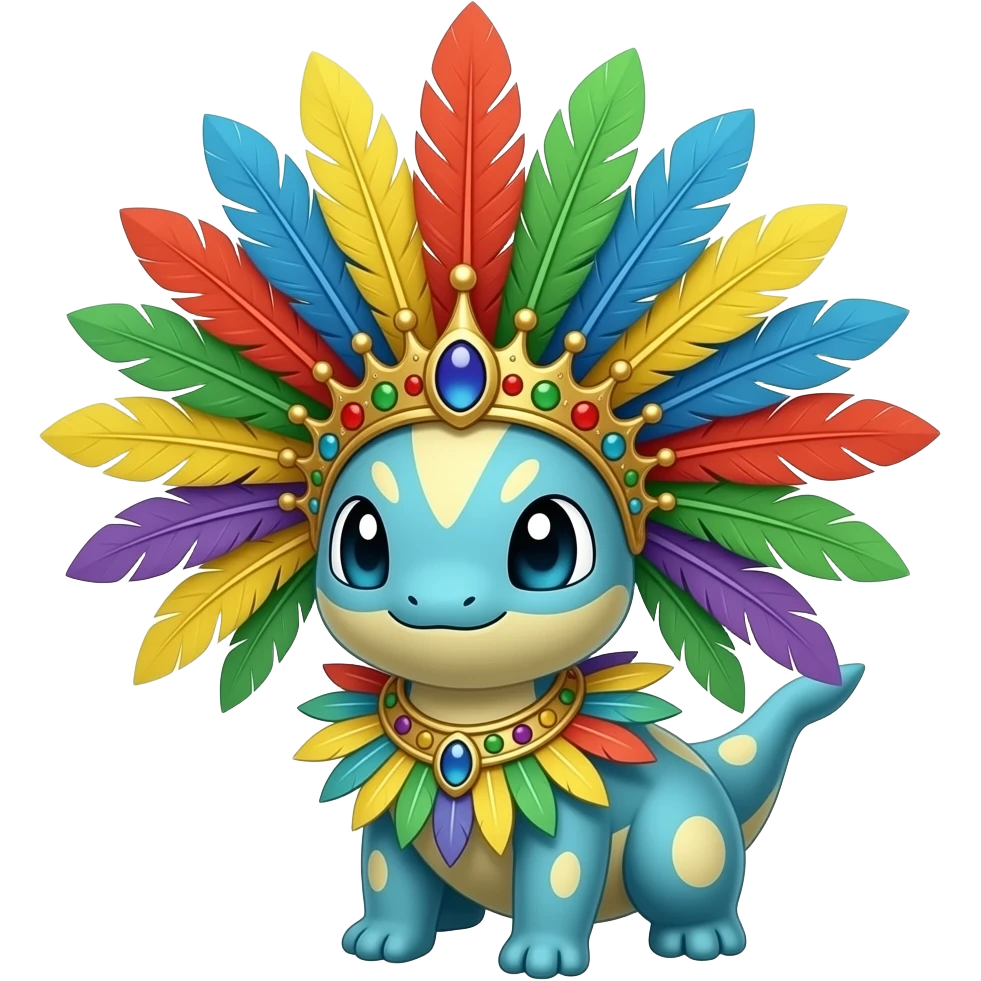 Absol-Flareon-Jolteon-Vaporeon-Fakémon-creature with Jamaican carnival feather headpiece, extravagant crown made of long colorful feathers emoji