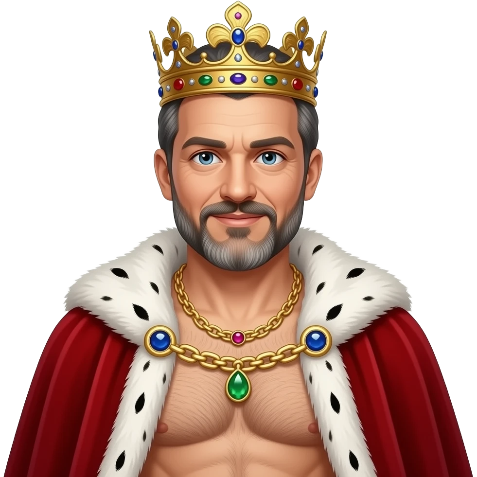 Portrait von einem König und die 40 mit leicht grauen Strähnen in den Haaren und Bart. er trägt eine prunkvolle krone und Goldkette mit Edelsteinen. Er hat kein Hemd an aber ein weit geöffneten roten samt Umhang mit weißen Pelz, Mann sieht seine männliche behaarter Brust und Körper. emoji