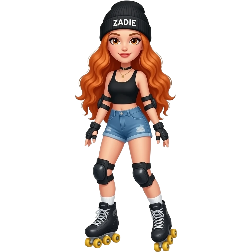 sexy girl with overlong wavy ginger hair and ginger eyes wearing a black tanktop and a black beanie with ZADIE written on it, is roller skating emoji