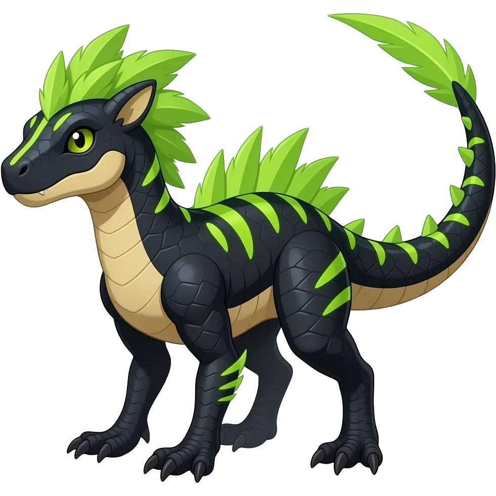 Cool edgy ancient black-scaled with neon-colored stripe markings digitigrade bipedal vintage futuristic raptorik fantasy-Cyberpunk-Steampunk-Solarpunk-Genesect-Salamence-Cyclizar-Salazzle-Feraligatr-Fakémon-animal-hybrid, with neon-green feather-mane, and a tail blade, back spikes, full body emoji
