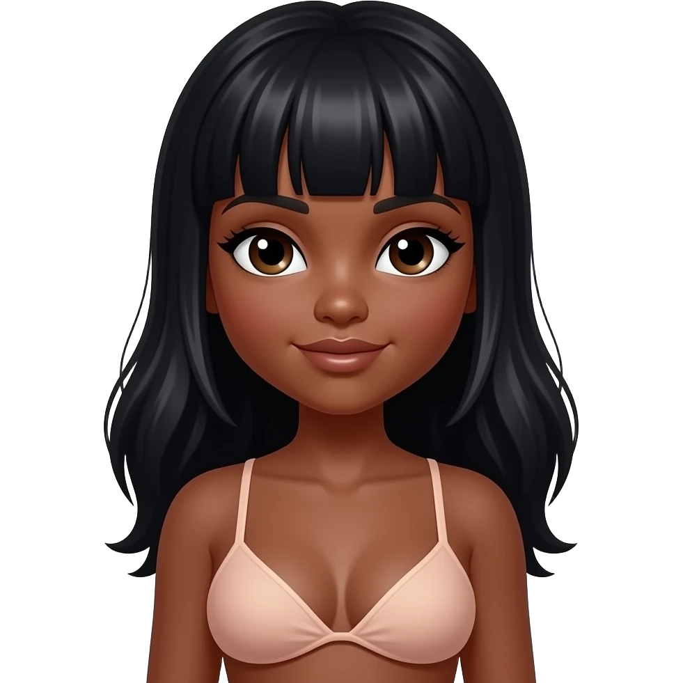 Dark skin girl, middle part black hair, m cup breast, with no bra, doll  eyes, doll face shaped emoji
