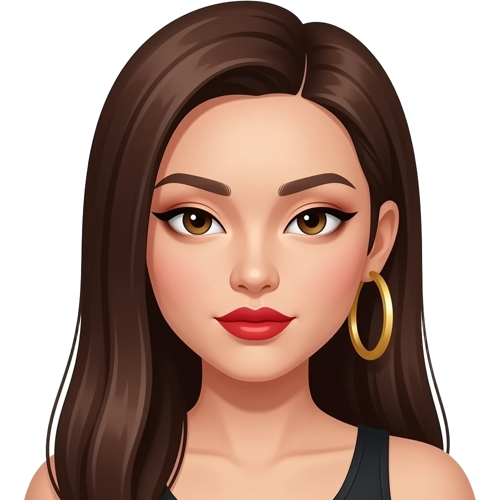 asian baddie with long brown straight hair  side partedwith big thick gold hoop earring and monolid eyes with red lipstick and cateye eyeliner and inner corner eyeliner fox eye no double eyelids, monolids only makeup emoji