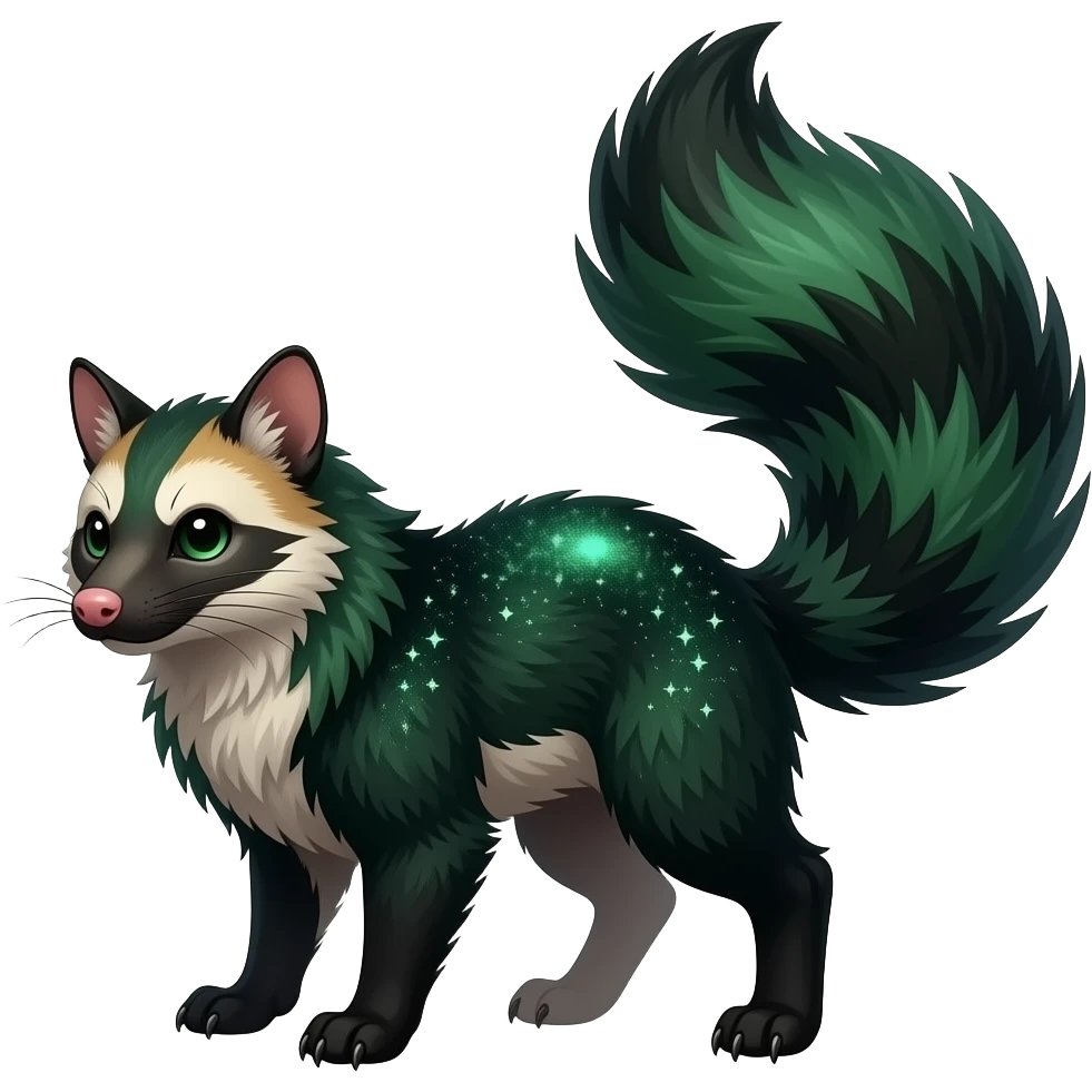 Hyper realistic forest-hunger-green-emerald-green-onyx-black-gradient velvet fur soaked in starlight glitter and shadow gradients beautiful elegant pretty precious cute Fakémon-Pokémon-opossum-Lykoi-genet-civet-serval-caracal-chinchilla-Furret-hybrid-creature with a big fluffy bushy tail (full body) emoji