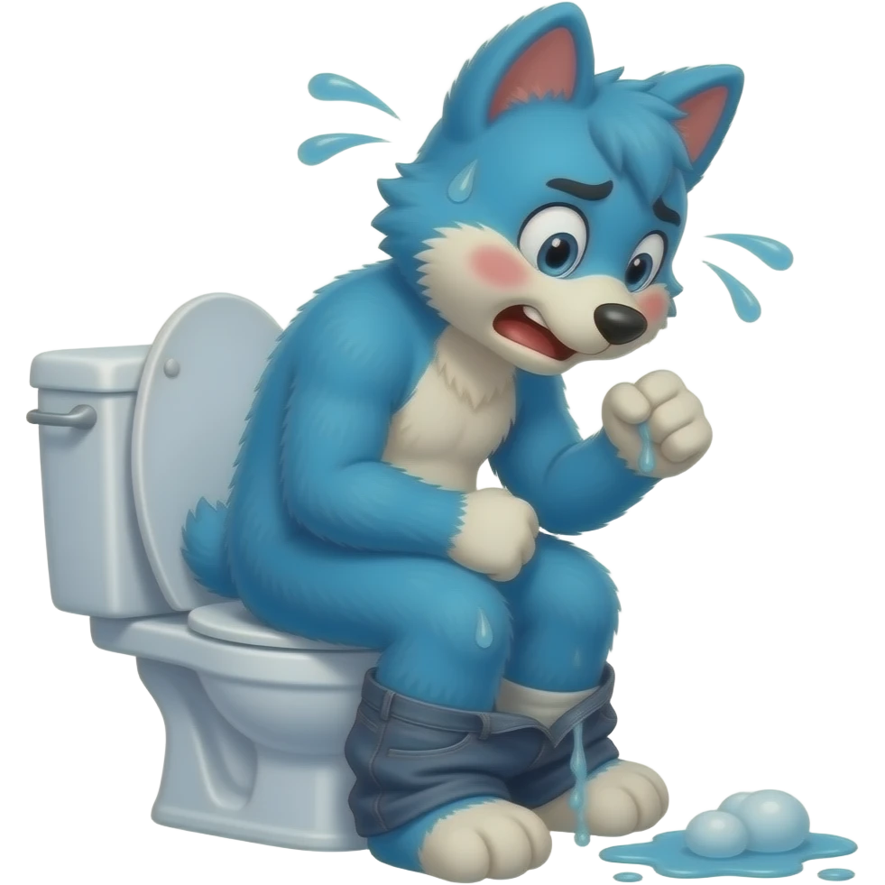 blue fursuit sitting on toilet, pants down, side view , fists, uncomfortable, squeezing, straining, sweating, red cheeks, diarrhea emoji