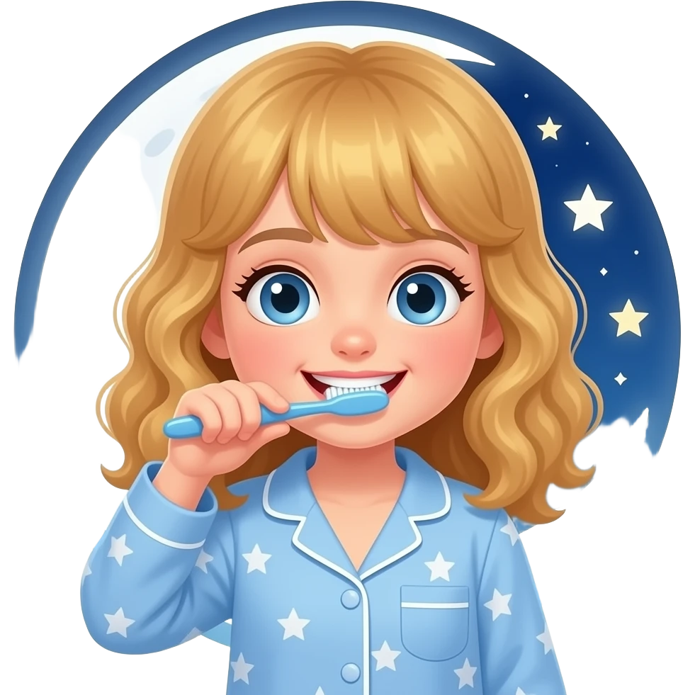 white kid blue eyes mid length hair to her shoulders with bangs soft curly hair to shoulders in color: middle to little darker blond. brushing her teeth in pyjamas with a moon and stars behind her emoji